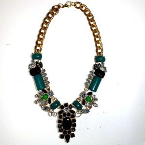 Elegant black, green and rhinestone necklace on gold chain